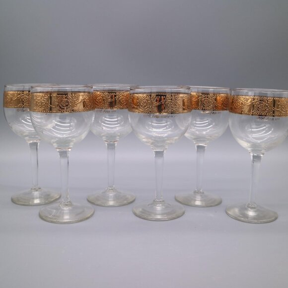 1960S CULVAR Gold Hollywood Regency Wine Glasses & Decanter Set w/ 6 Wine Glass - Picture 3 of 8
